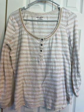DKNY Cream and White Striped Henley Long Sleeve Tee